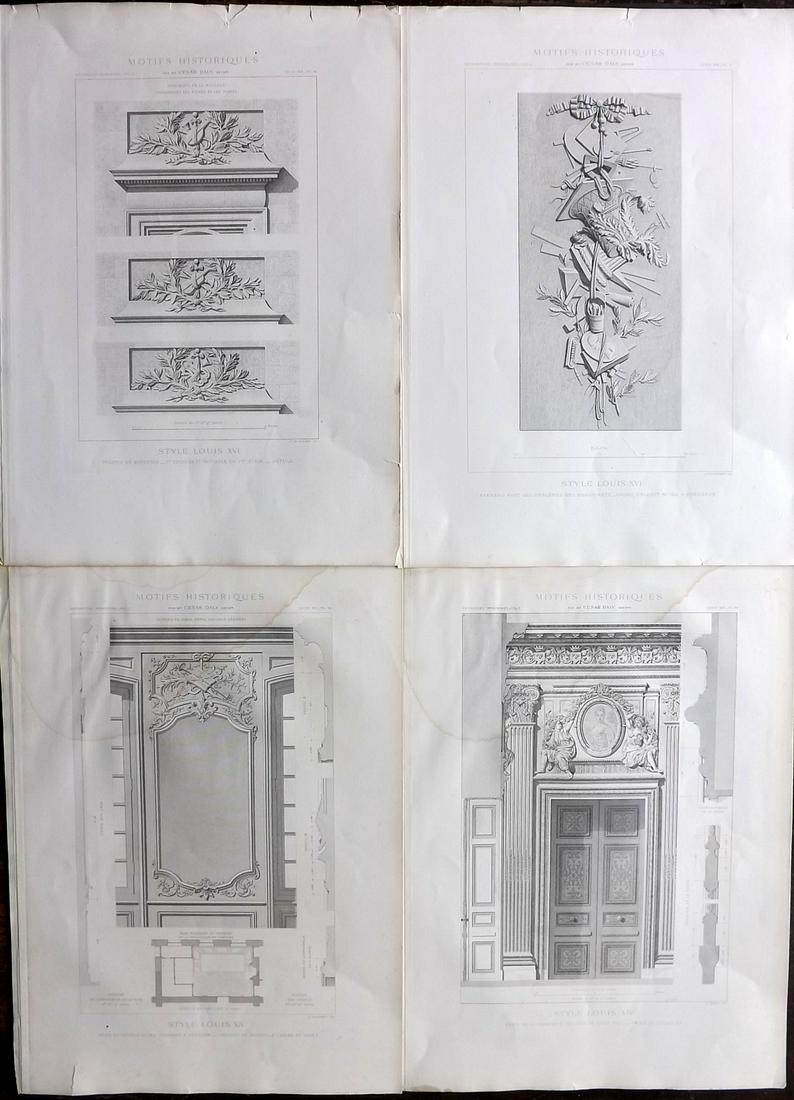 Daly, Cesar 1881 Lot of 4 LG Folio Architecture Prints: Large Folio Steel Engraving Published 1880-81, Paris for "Motifs Historiques d'Architecture et de Sculpture d’Ornement. Decorations Exterieures Empuntees a des Monuments Francais" by Cesar Denis Dal