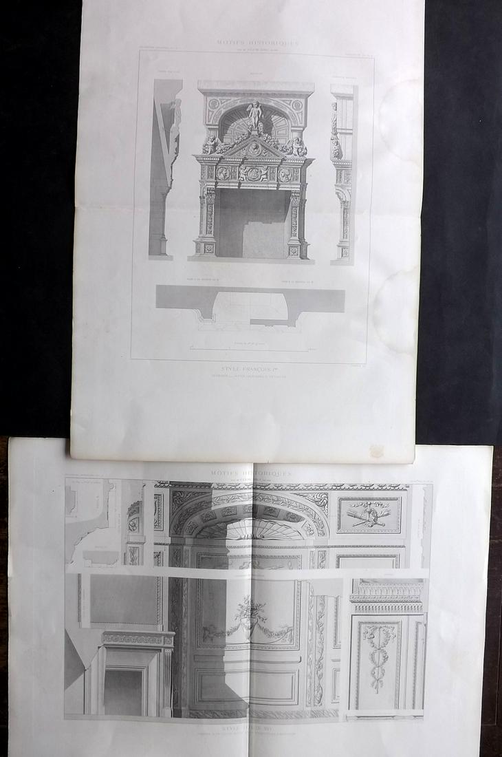 Daly, Cesar 1881 Pair of LG Folio Architecture Prints: Large Folio Steel Engraving Published 1880-81, Paris for "Motifs Historiques d'Architecture et de Sculpture d’Ornement. Decorations Exterieures Empuntees a des Monuments Francais" by Cesar Denis Dal