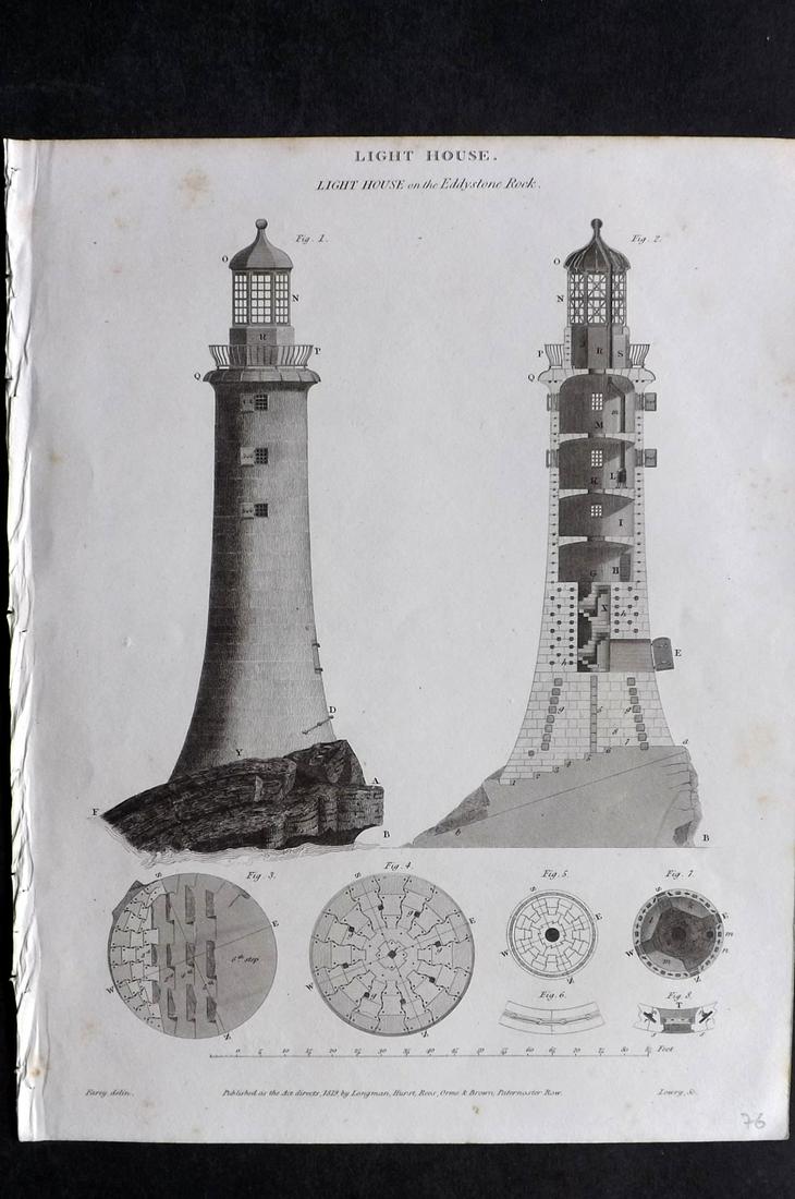 Rees, Abraham 1820 Print. Eddystone Lighthouse, UK (1 of 2)