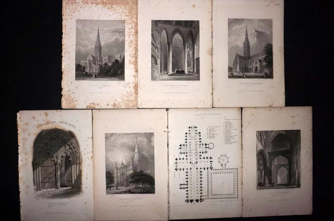 Winkles, Robert 1836 Set of 7 Prints. Salisbury: Steel Engravings Published 1836-38, London for "Winkles's Architectural and Picturesque Illustrations of the Cathedral Churches of England and Wales" by Robert Garland Winkles. Paper Size: 10.5 x 7 in