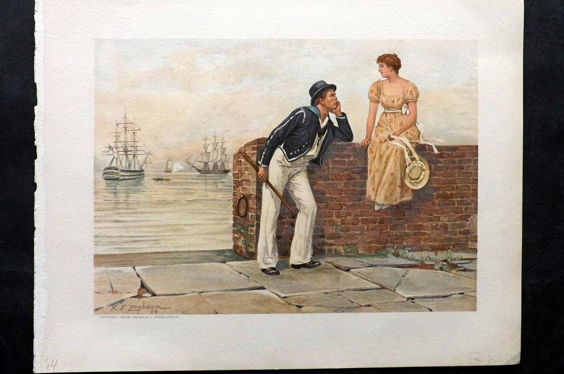 Barnes & Zogbaum 1898 Scarce Folio USA Maritime Print: "The Lass that Loves a Sailor" Folio Chromolithograph Published 1898, New York for "Ships and Sailors: Being a Collection of Songs of the Sea as Sung by the Men who Sail it" by James Barnes & Rufus Zo