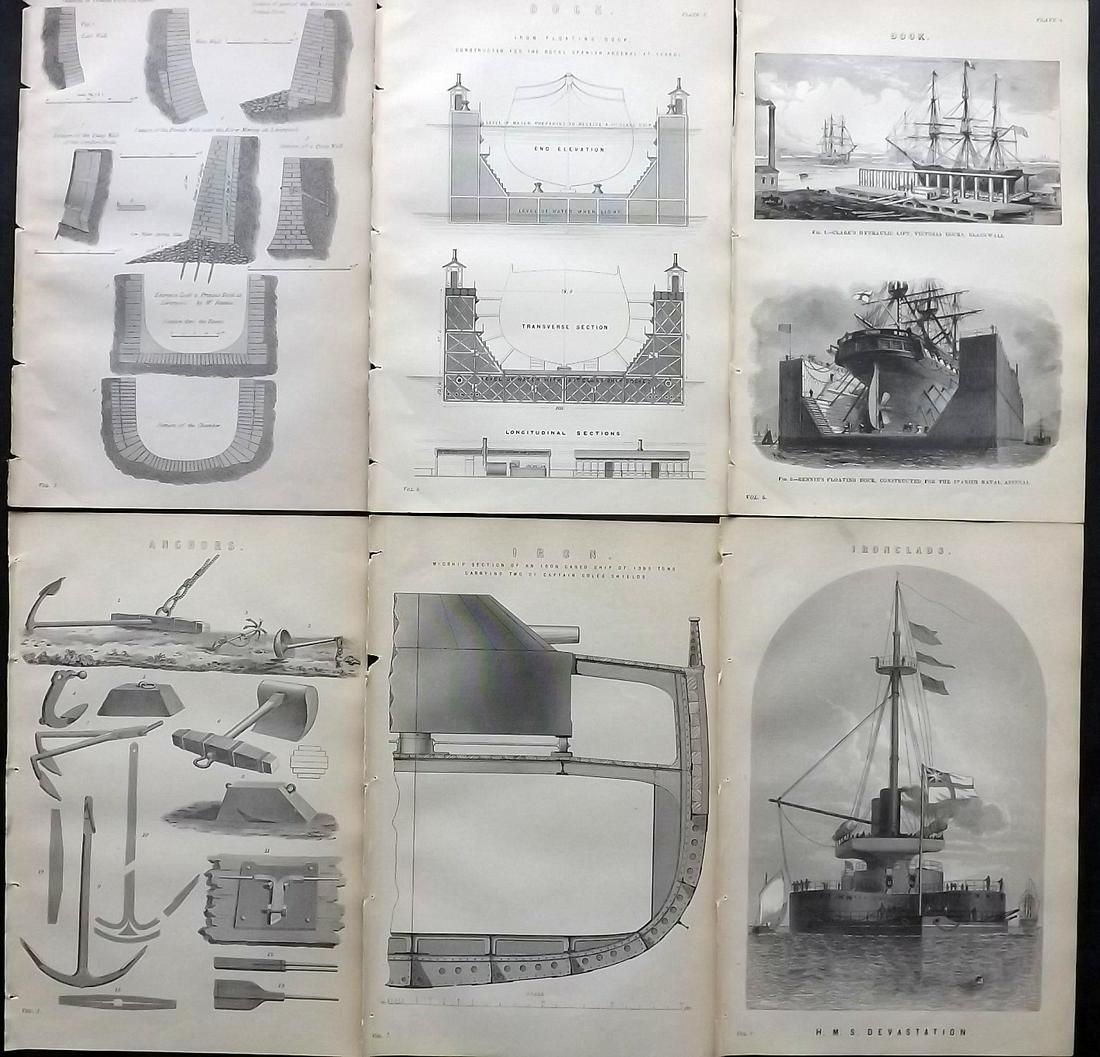 Nat. Encyclo. C1875 Lot of 6 Prints. Ships, Docks etc (1 of 2)