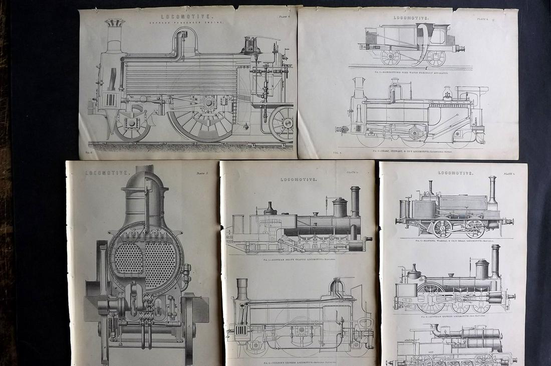 National Encyclopedia C1875 Lot of 5 Prints. Locomotive (1 of 2)