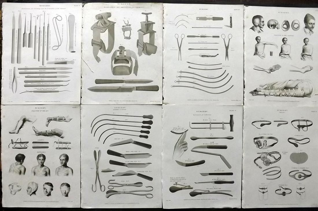 Rees, Abraham 1820 Lot of 8 Medical Prints. Surgery: Copper Plates Published 1802-20 by Longman, Hurst, Rees & Orme for "The Cycloaedia: or, Universal dictionary of arts, sciences, and literature" By Abraham Rees. Paper Size: 10.5 x 8.5 inch (27 x 22cm)