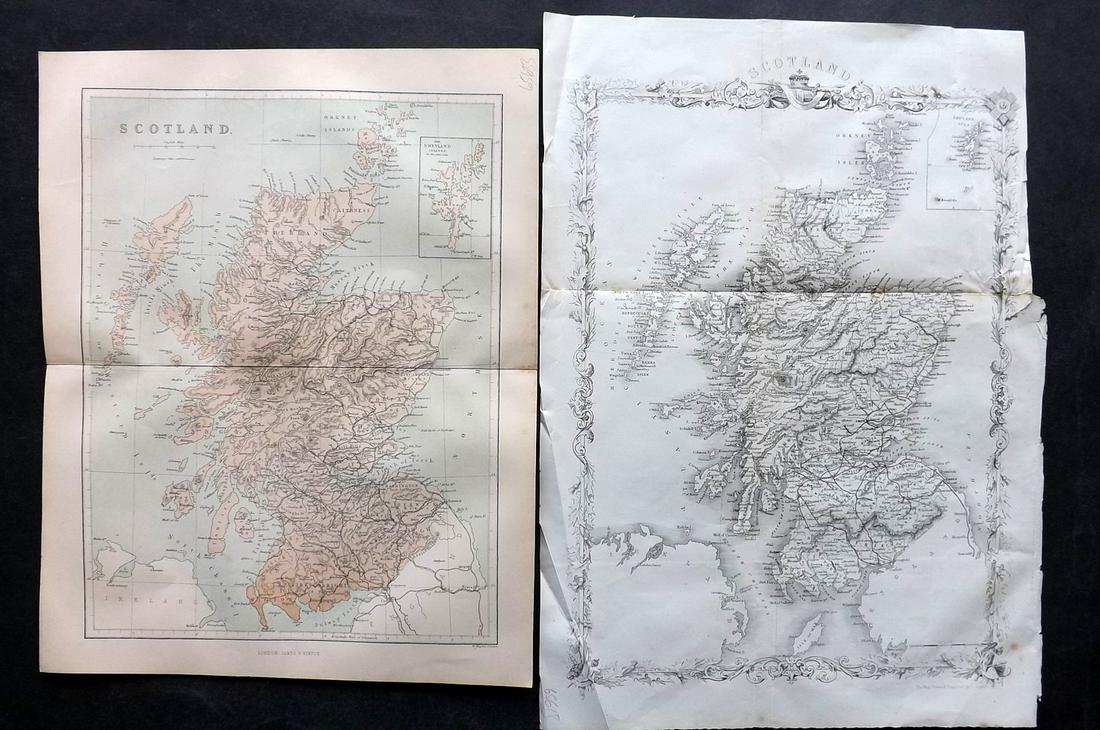 Scotland 1860-C1865 Pair of Maps by Rapkin & Hughes: Steel Engraved Map Published 1860 by The London Printing & Published Company, London for "The Royal Dictionary-Cyclopedia for Universal Reference" by Thomas Wright. Drawn & Engraved by John Rapkin. Fo