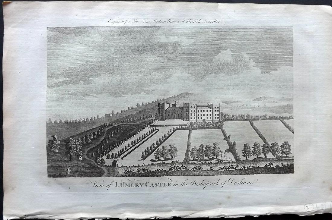 Burlington 1779 British View. Lumley Castle, Durham: Folio Copper Plate Published 1779 by J. Cooke, London for "The Modern Universal British Traveller or, a New, Complete, and Accurate tour Through England, Wales, Scotland, and the Neighbouring Islands"