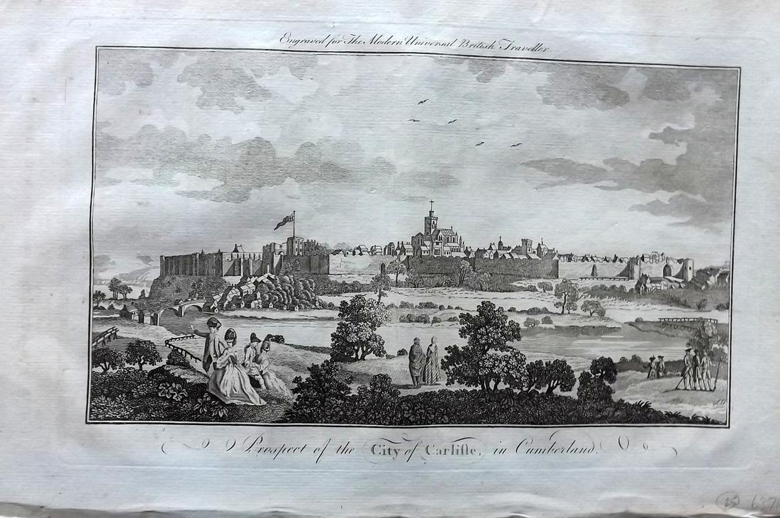 Burlington 1779 Folio British View. City of Carlisle: Folio Copper Plate Published 1779 by J. Cooke, London for "The Modern Universal British Traveller or, a New, Complete, and Accurate tour Through England, Wales, Scotland, and the Neighbouring Islands"