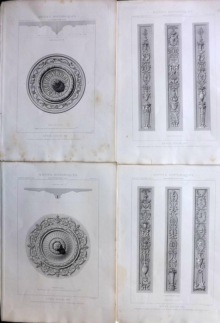 Daly, Cesar 1881 Lot of 4 LG Folio Architecture Prints: Large Folio Steel Engraving Published 1880-81, Paris for "Motifs Historiques d'Architecture et de Sculpture d’Ornement. Decorations Exterieures Empuntees a des Monuments Francais" by Cesar Denis Dal