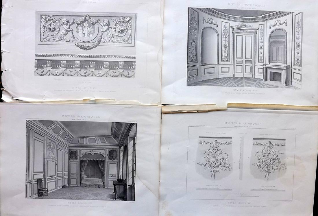 Daly, Cesar 1881 Lot of 4 LG Folio Architecture Prints: Large Folio Steel Engraving Published 1880-81, Paris for "Motifs Historiques d'Architecture et de Sculpture d’Ornement. Decorations Exterieures Empuntees a des Monuments Francais" by Cesar Denis Dal