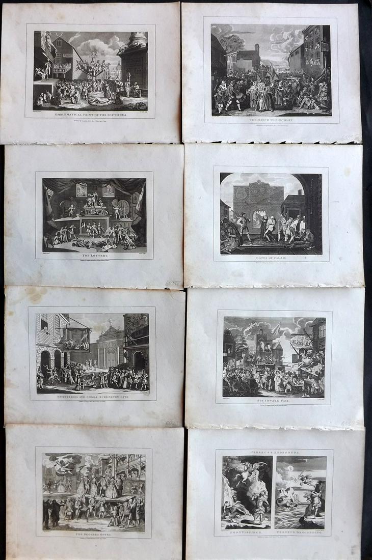 Hogarth, William 1810 Lot of 8 Copper Plates Satire etc: Copper Plates Published 1808-10, London for "The Genuine Works of William Hogarth" by John Nichols. Paper Size: 11 x 8.5 inch (28 x 22cm) Minor margin toning present, images fine