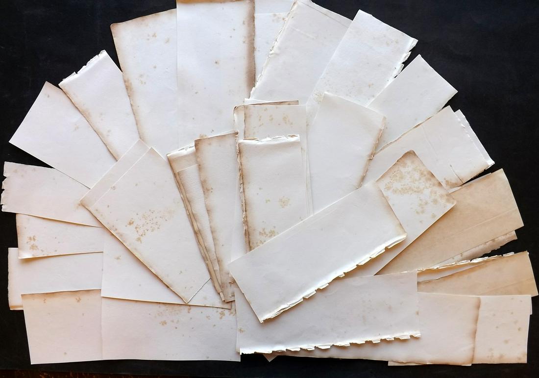 Old Paper, Bookbinding 1808 Lot of 50 Wove Sheets: Lot of 50 thick wove paper sheets from the same source, but different sizes. Trimmed. Made in France 1807-08. Paper Size: Up to 9 x 5 inch (23 x 14cm) Some with toning, others fine