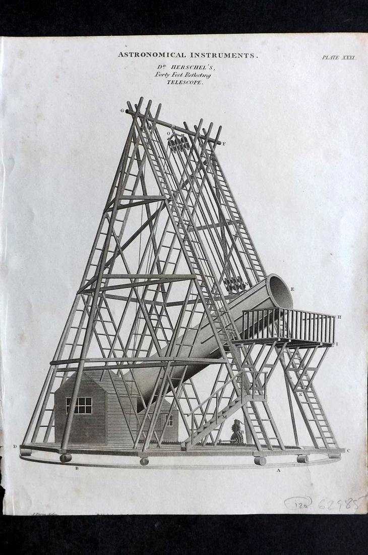 Rees, Abraham 1820 Astronomy Print. Herschels Telescope (1 of 2)