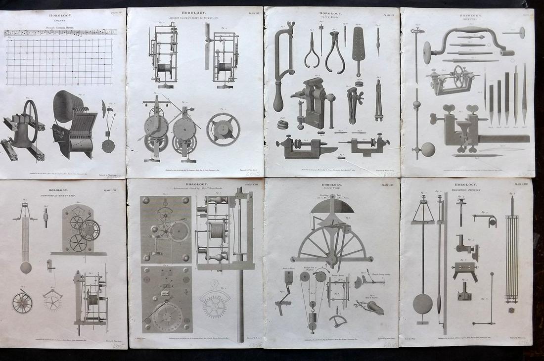 Rees, Abraham 1820 Lot of 8 Prints. Horology - Clocks: Copper Plates Published 1802-20 by Longman, Hurst, Rees & Orme for "The Cycloaedia: or, Universal dictionary of arts, sciences, and literature" By Abraham Rees. Paper Size: 10.5 x 8.5 inch (27 x 22cm)