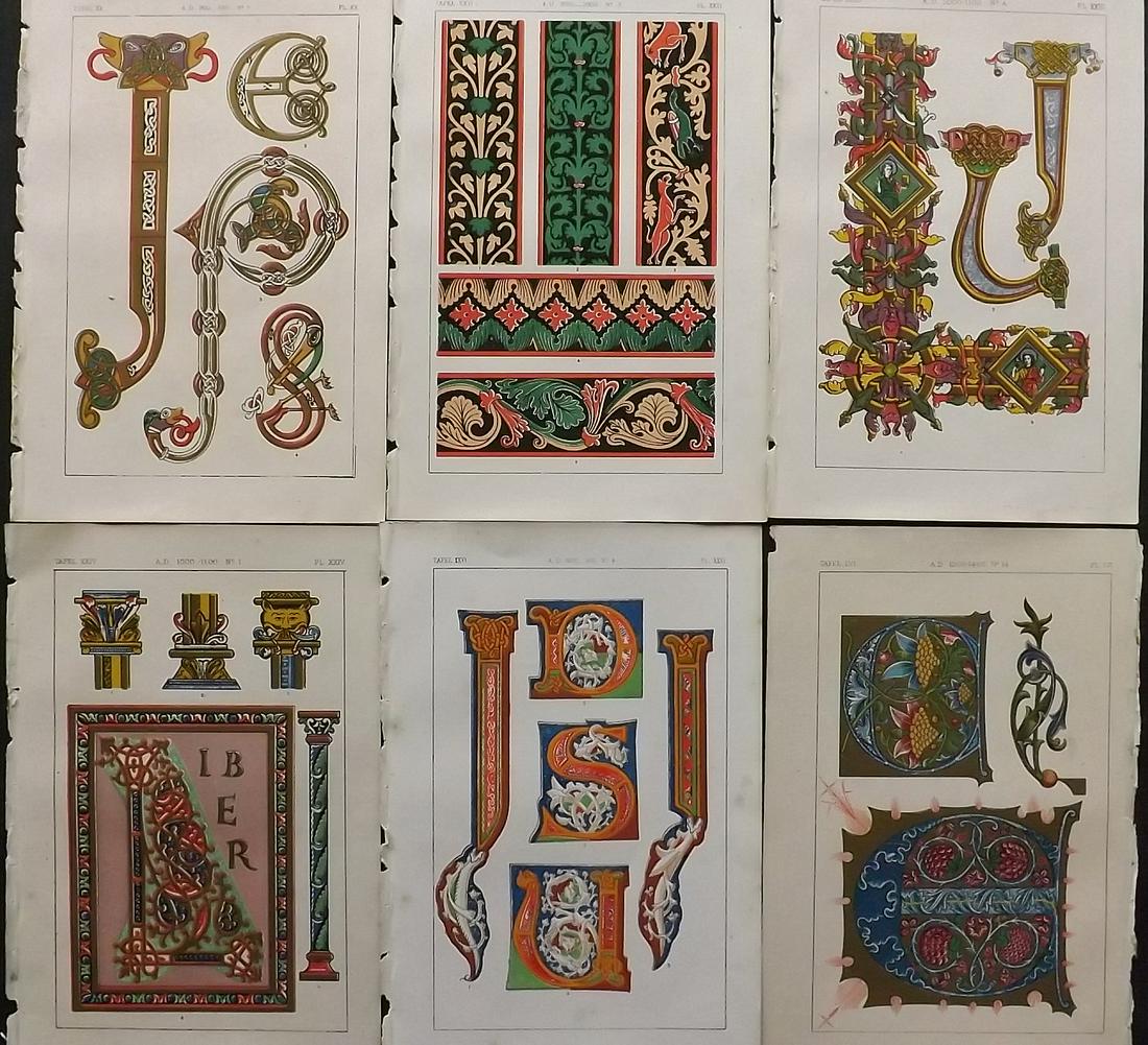 Tymms, William - Art of Illuminating 1860 Lot 6 Prints: Chromolithographs Published 1860, London for "The Art of Illuminating as Practised in Europe from the Earliest Times" by M. Digby Wyatt. Selected & Chromolithographed by William Robert Tymms. Paper Si