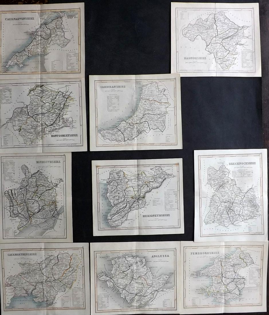 Dugdale & Archer C1840 Lot of 10 Welsh County Maps: Steel Engraved Maps with outline hand color Published C1835-60 London for "Curiosities of Great Britain. England & Wales Delineated..." by Thomas Dugdale. Drawn and Engraved by John Archer. Paper Size