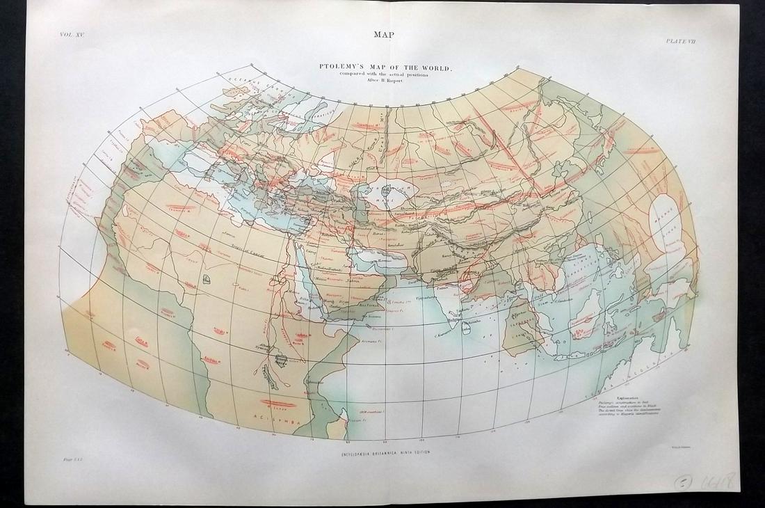 Encyclopaedia Britannica 1890's Ptolemy's World Map: Lithograph Map Published 1875-98, Edinburgh & London for "Encyclopaedia Britannica" Ninth Edition. Centre fold as issued. Paper Size: 15.5 x 11 inch (39 x 28cm) Good Condition