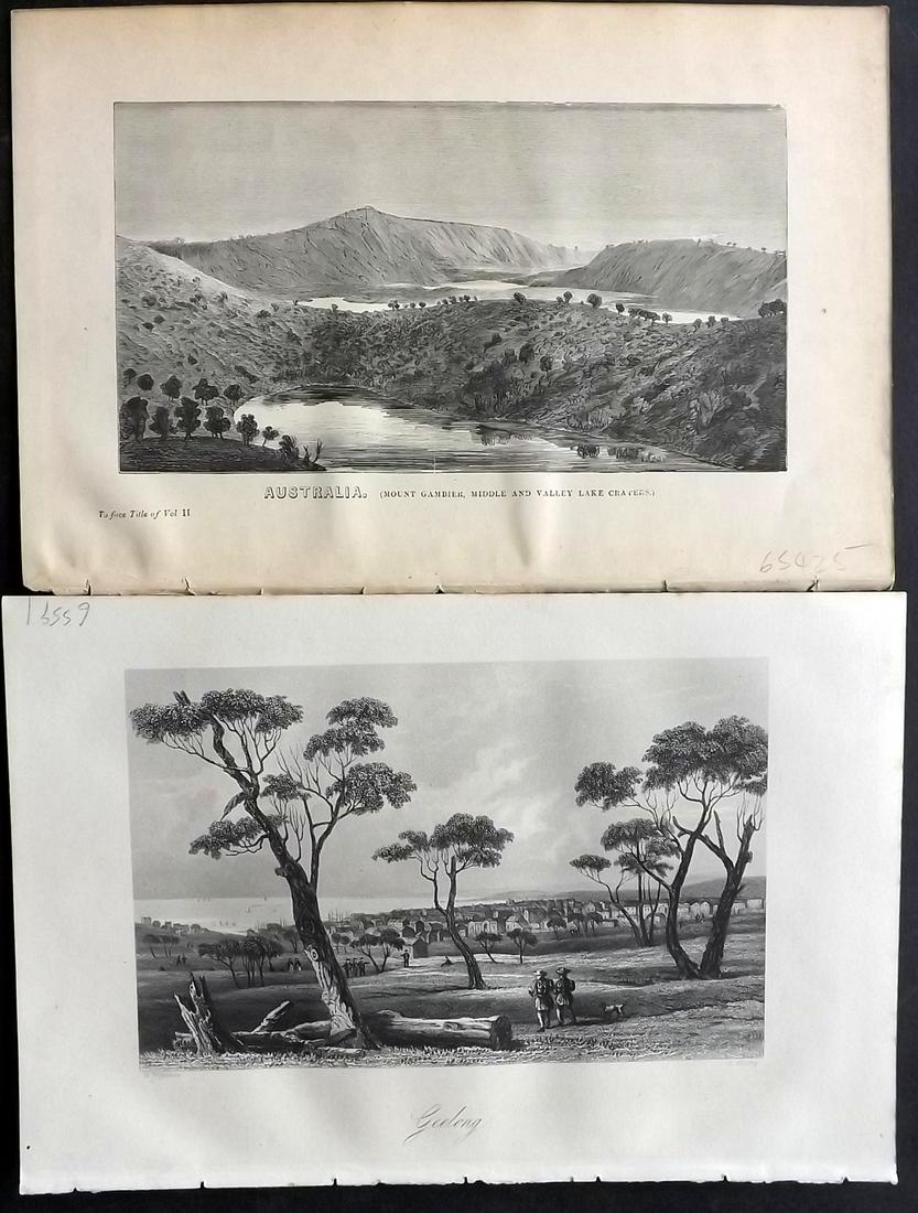 Australia 1860-C1875 Pair of Views. Geelong etc: Plus Mount Gambier. Steel Engraving Published 1860 by The London Printing & Published Company, London for "The Royal Dictionary-Cyclopedia for Universal Reference" by Thomas Wright. Together with Wood