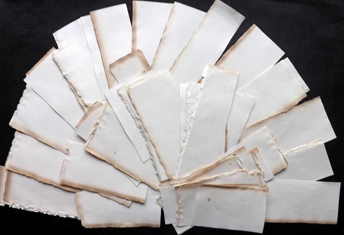 Old Paper, Bookbinding 1808 Lot of 50 Wove Sheets: Lot of 50 thick wove paper sheets from the same source, but different sizes. Trimmed. Made in France 1807-08. Paper Size: Up to 9 x 5 inch (23 x 14cm) Some with toning, others fine