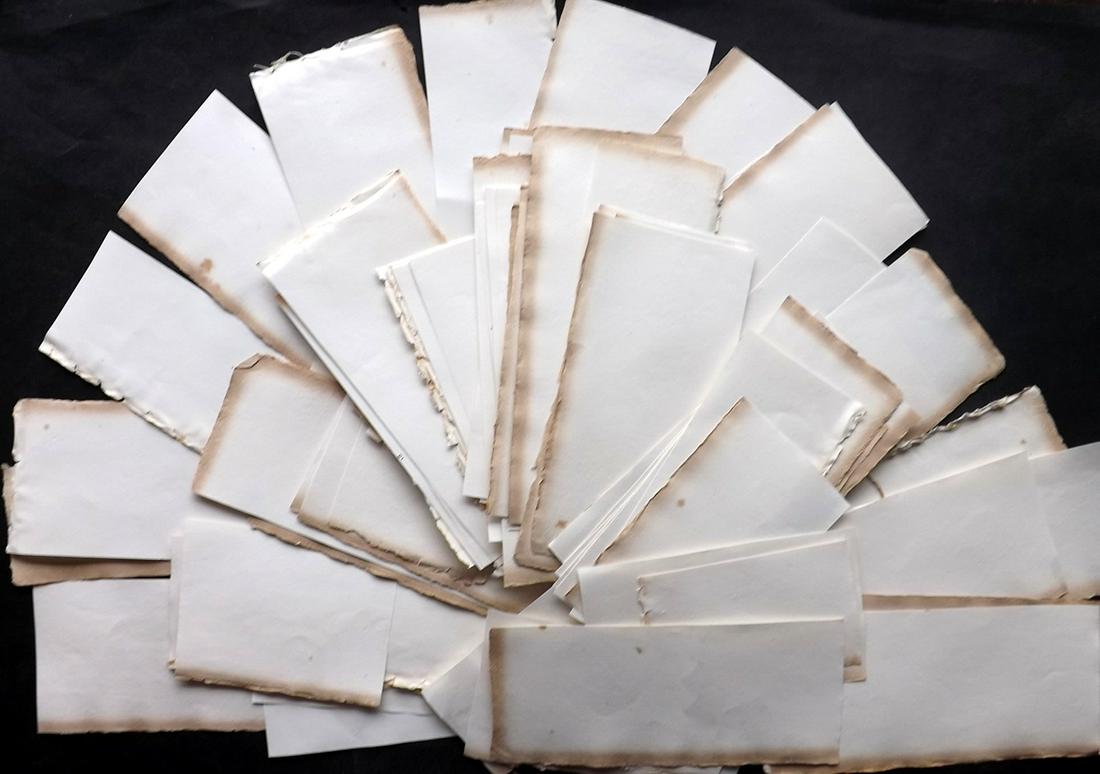 Old Paper, Bookbinding 1808 Lot of 100 Wove Sheets: Lot of 50 thick wove paper sheets from the same source, but different sizes. Trimmed. Made in France 1807-08. Paper Size: Up to 9 x 5 inch (23 x 14cm) Some with toning, others fine