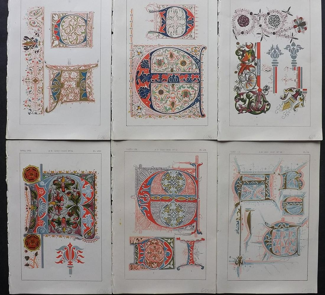 Tymms, William - Art of Illuminating 1860 Lot 6 Prints: Chromolithographs Published 1860, London for "The Art of Illuminating as Practised in Europe from the Earliest Times" by M. Digby Wyatt. Selected & Chromolithographed by William Robert Tymms. Paper Si