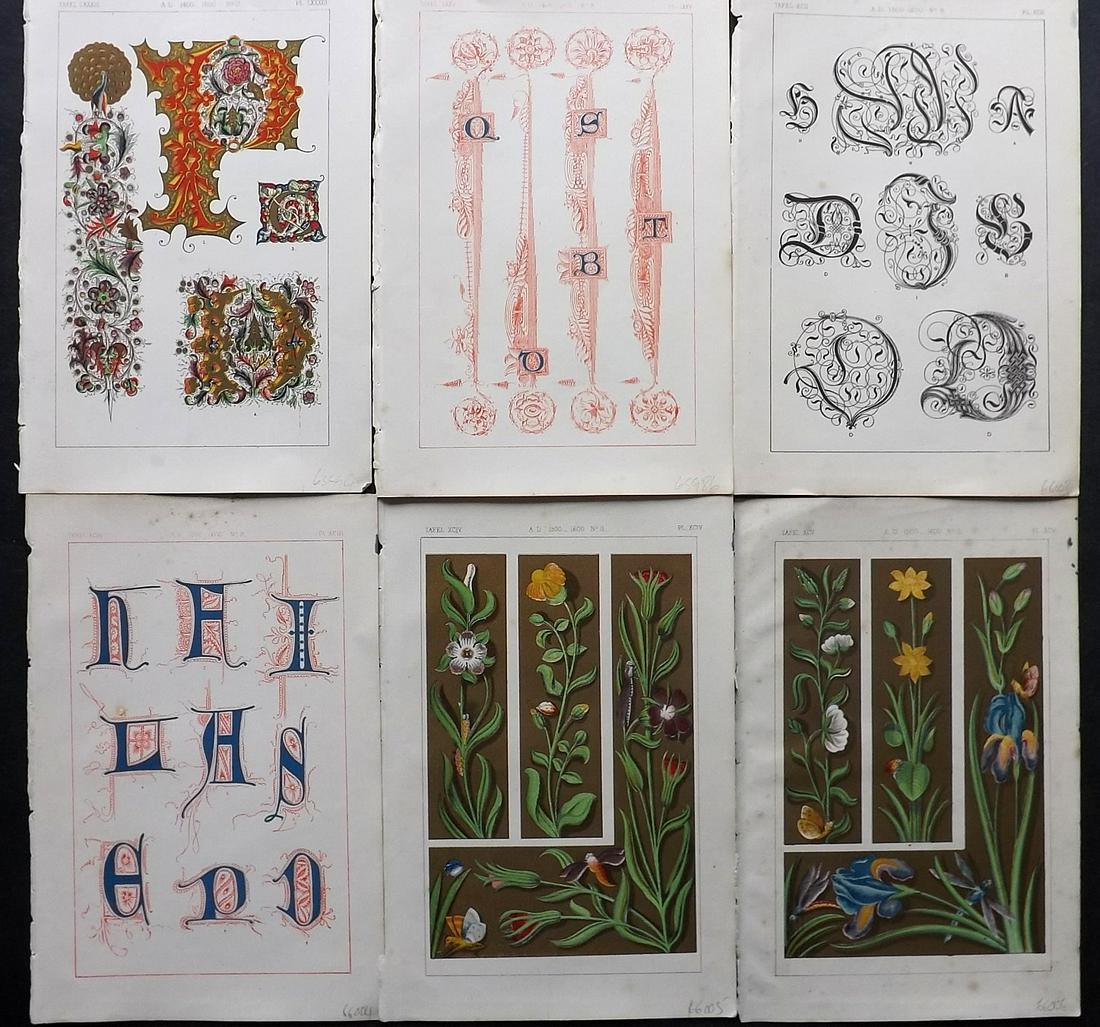 Tymms, William - Art of Illuminating 1860 Lot 6 Prints: Chromolithographs Published 1860, London for "The Art of Illuminating as Practised in Europe from the Earliest Times" by M. Digby Wyatt. Selected & Chromolithographed by William Robert Tymms. Paper Si