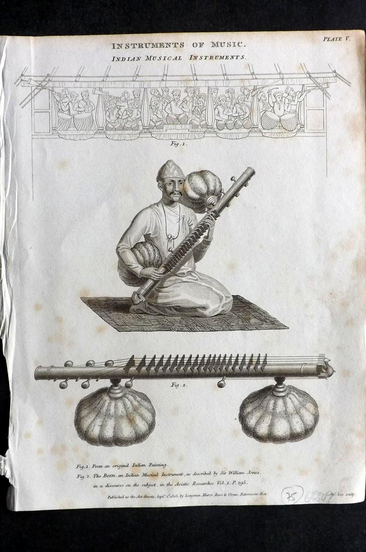 Rees, Abraham 1820 Music Print. India - Sitar: Copper Plates Published 1802-20 by Longman, Hurst, Rees & Orme for "The Cycloaedia: or, Universal dictionary of arts, sciences, and literature" By Abraham Rees. Paper Size: 10.5 x 8.5 inch (27 x 22cm)