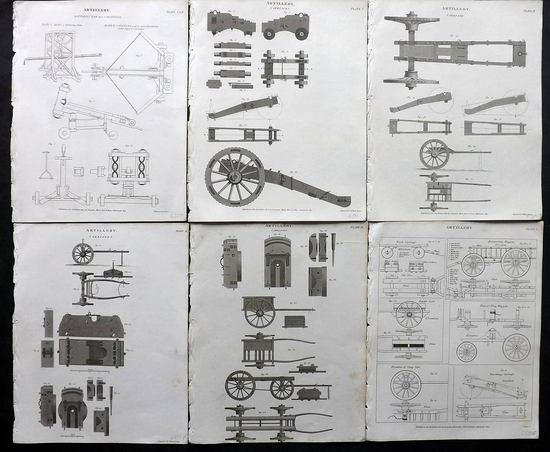 Rees, Abraham 1820 Lot of 6 Military Prints. Artillery: Copper Plates Published 1802-20 by Longman, Hurst, Rees & Orme for "The Cycloaedia: or, Universal dictionary of arts, sciences, and literature" By Abraham Rees. Paper Size: 10.5 x 8.5 inch (27 x 22cm)
