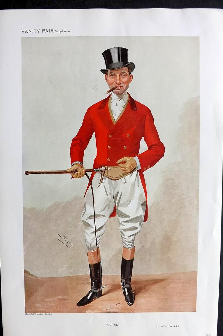 Vanity Fair Print 1909 Alfred Curnick, Foxhunter: Chromolithograph Published 1869-1914, London for "Vanity Fair" Paper Size: 15 x 10 inch (38 x 25cm) Approx. Some toning. A few small closed margin tears