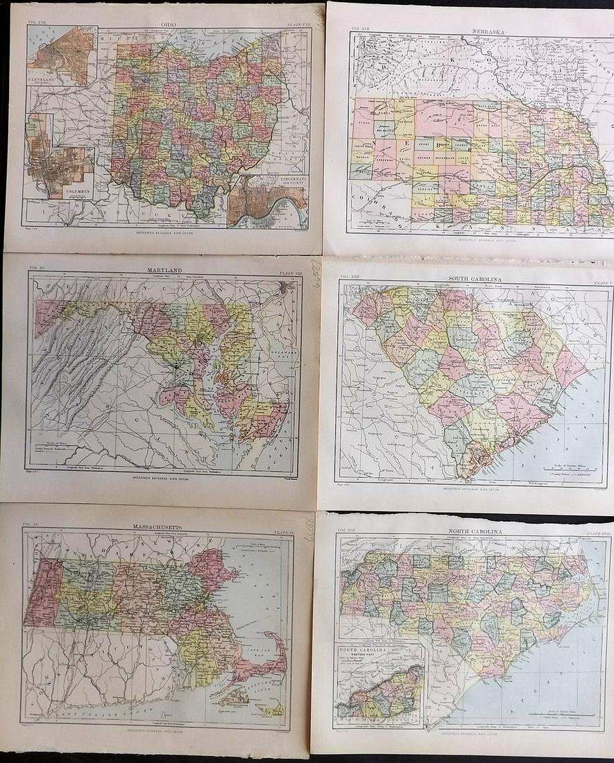 Encyclo. Britannica 1890's Lot of 6 USA State Maps (1 of 2)