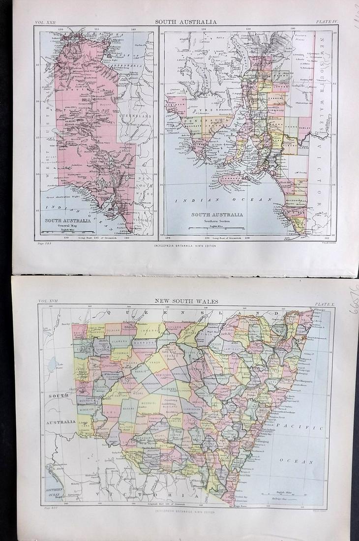 Encyclo. Britannica 1890's Pair of Australia Maps: New South Wales and South Australia. Lithograph Map Published 1875-98, Edinburgh & London for "Encyclopaedia Britannica" Ninth Edition. Paper Size: 10.5 x 8 inch (27 x 21cm) Good Condition