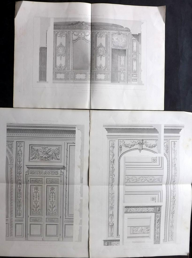 Daly, Cesar 1881 Lot of 3 LG Folio Architecture Prints: Large Folio Steel Engraving Published 1880-81, Paris for "Motifs Historiques d'Architecture et de Sculpture d’Ornement. Decorations Exterieures Empuntees a des Monuments Francais" by Cesar Denis Dal