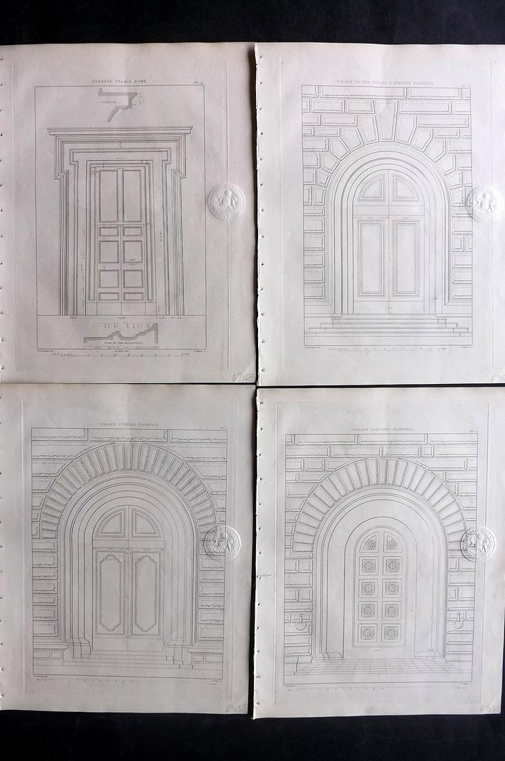 Donaldson, Thomas 1836 Lot of 4 Italian Architecture: Etchings Published 1836, London for "A Collection of the Most Approved Examples of Doorways" by Thomas Leverton Donaldson. Paper Size: 12 x 9 inch (30 x 23cm) Library blindstamp in margin, otherwise f
