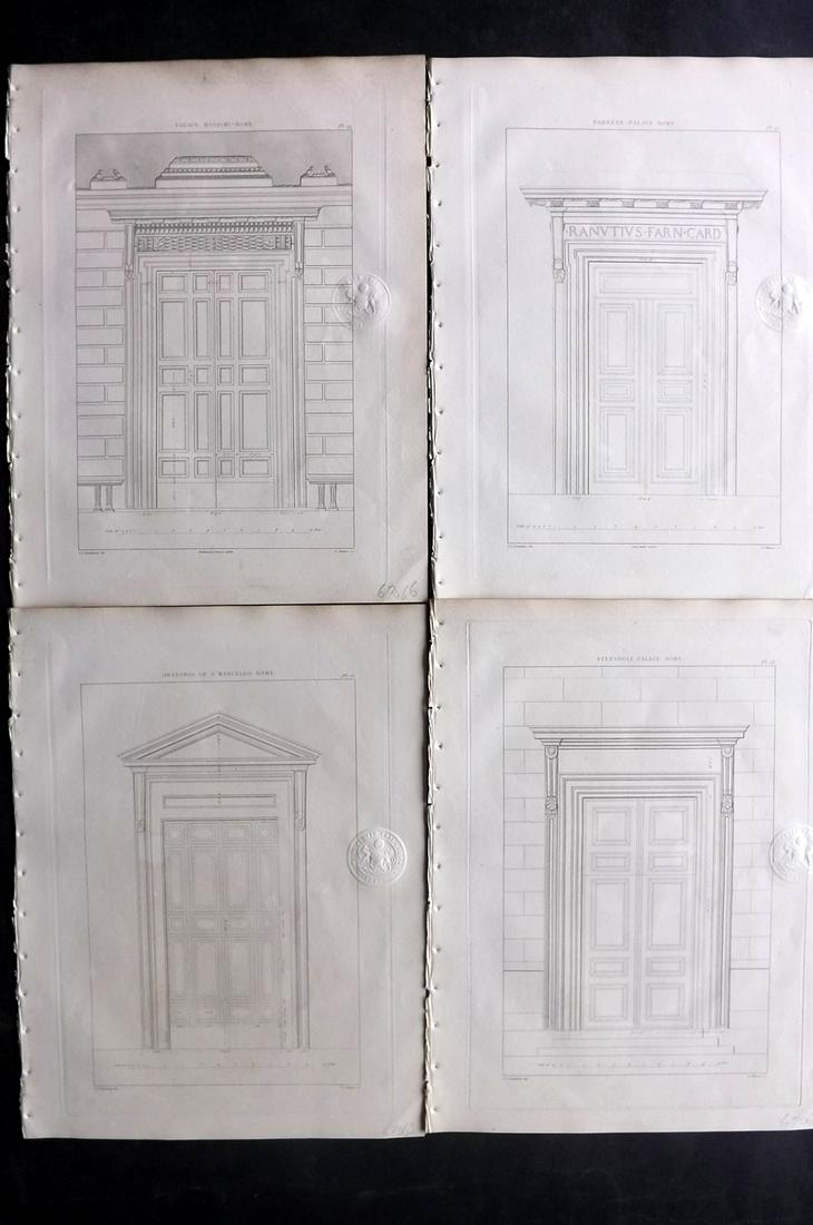 Donaldson, Thomas 1836 Lot of 4 Italian Architecture: Etchings Published 1836, London for "A Collection of the Most Approved Examples of Doorways" by Thomas Leverton Donaldson. Paper Size: 12 x 9 inch (30 x 23cm) Library blindstamp in margin, otherwise f