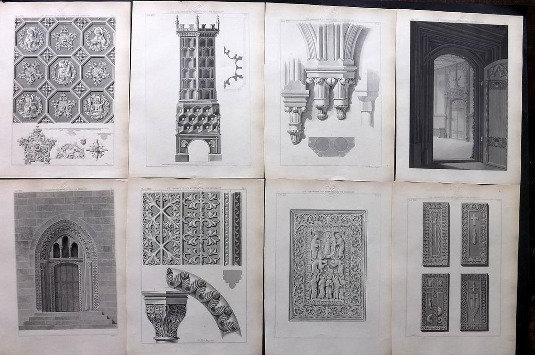 Heideloff, Carl C1895 Lot of 8 Architectural Prints: Steel Engravings Published 1838-55, Nuremberg for "Carl Heideloff's Ornamentik des Mittelalters" by Carl Heideloff. Paper Size: 11 x 8 inch (28 x 21cm) All with library discrete blindstamp in margin. 