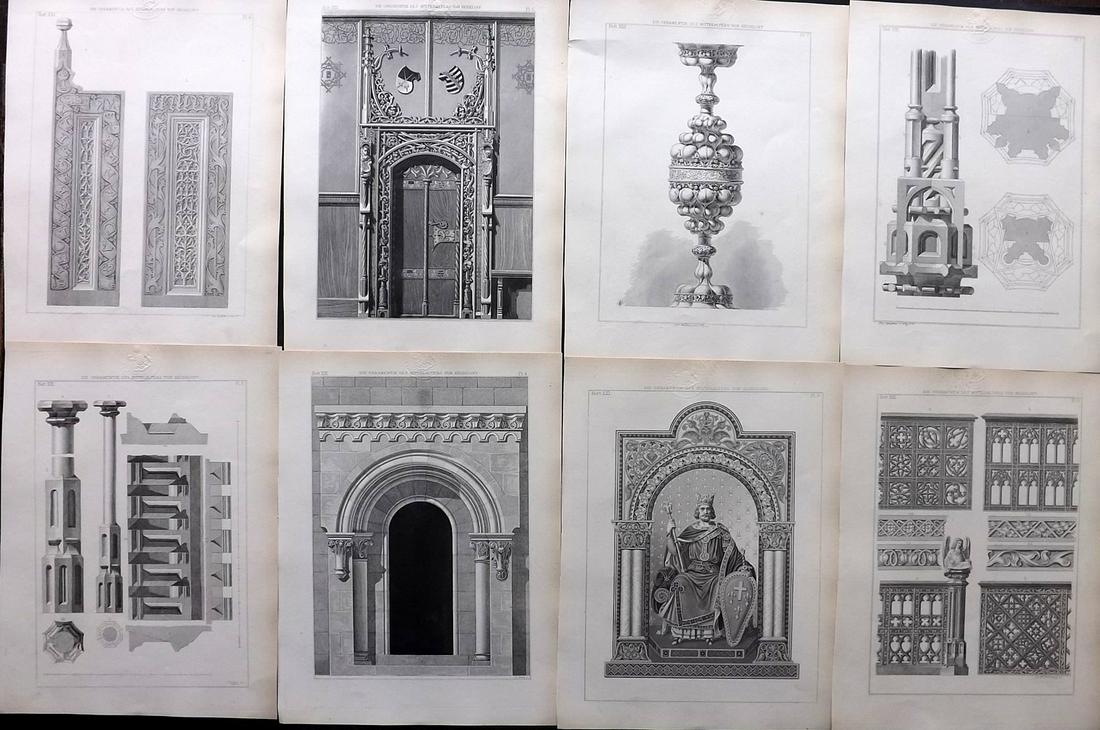 Heideloff, Carl C1895 Lot of 8 Architectural Prints: Steel Engravings Published 1838-55, Nuremberg for "Carl Heideloff's Ornamentik des Mittelalters" by Carl Heideloff. Paper Size: 11 x 8 inch (28 x 21cm) All with library discrete blindstamp in margin. 