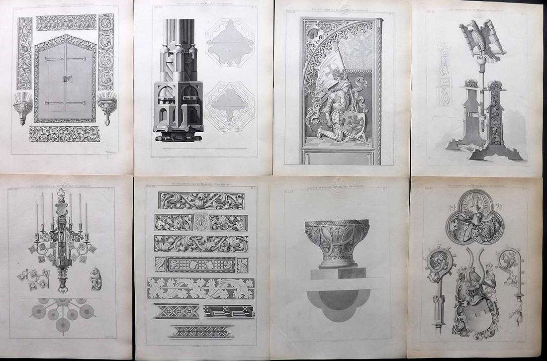 Heideloff, Carl C1895 Lot of 8 Architectural Prints: Steel Engravings Published 1838-55, Nuremberg for "Carl Heideloff's Ornamentik des Mittelalters" by Carl Heideloff. Paper Size: 11 x 8 inch (28 x 21cm) All with library discrete blindstamp in margin. 