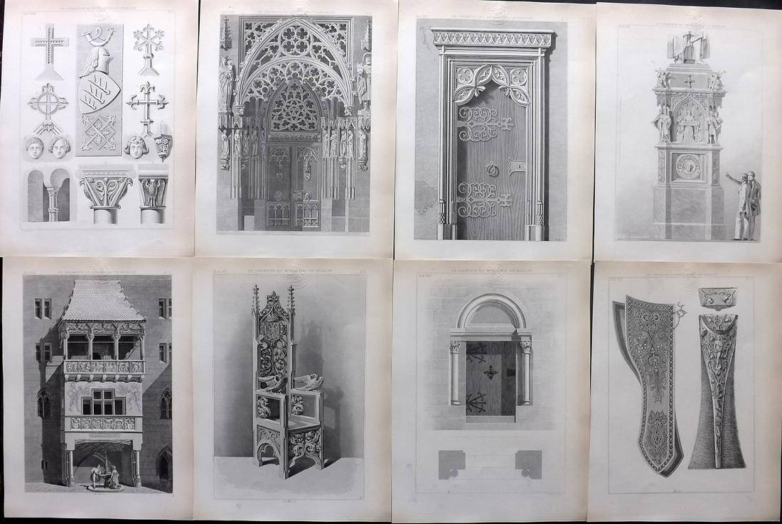 Heideloff, Carl C1895 Lot of 8 Architectural Prints: Steel Engravings Published 1838-55, Nuremberg for "Carl Heideloff's Ornamentik des Mittelalters" by Carl Heideloff. Paper Size: 11 x 8 inch (28 x 21cm) All with library discrete blindstamp in margin. 