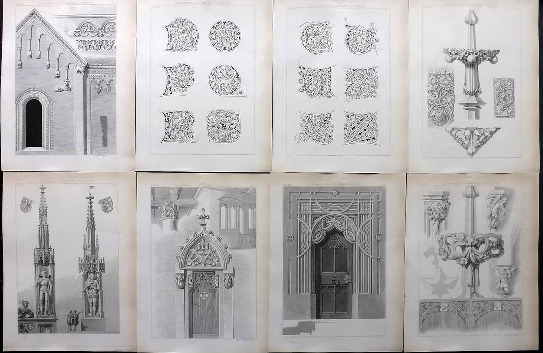 Heideloff, Carl C1895 Lot of 8 Architectural Prints: Steel Engravings Published 1838-55, Nuremberg for "Carl Heideloff's Ornamentik des Mittelalters" by Carl Heideloff. Paper Size: 11 x 8 inch (28 x 21cm) All with library discrete blindstamp in margin. 