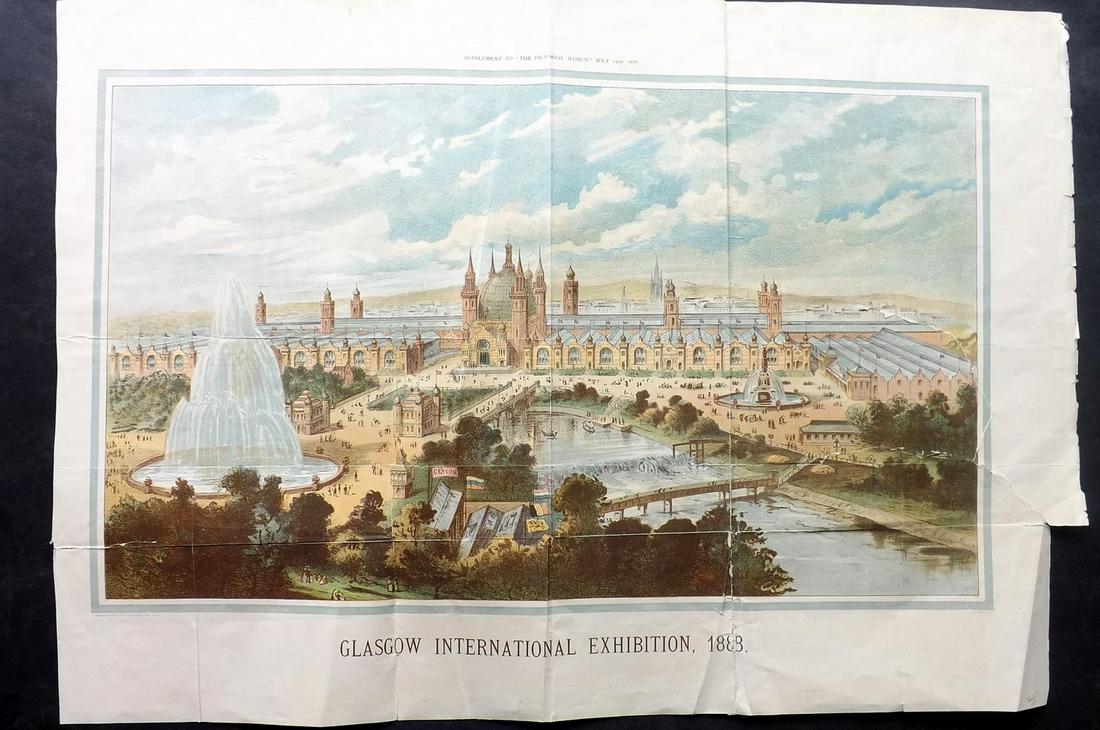 Scotland 1888 LG Folio Print. Glasgow Exhibition: Large Folio Lithograph Published 1874-92, London for "The Pictorial World" Folds as issued. Reverse side blank. Paper Size: 27 x 19 inch (69 x 48cm) A few small closed tears, one causing slight loss t