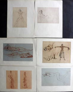 Flint, William Russell 1950 Lot of 6 Prints. Nudes: 6 Sheets printed both sides. Lithographs Published 1950, London for "Drawings" by Sir William Russell Flint. Paper Size: 14 x 10 inch (36 x 26cm) Good Condition