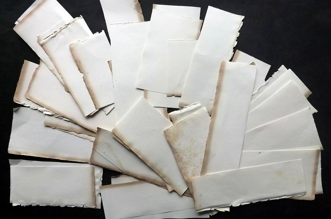 Old Paper, Bookbinding 1808 Lot of 50 Wove Sheets: Lot of 50 thick wove paper sheets from the same source, but different sizes. Trimmed. Made in France 1807-08. Paper Size: Up to 9 x 5 inch (23 x 14cm) Some with toning, others fine