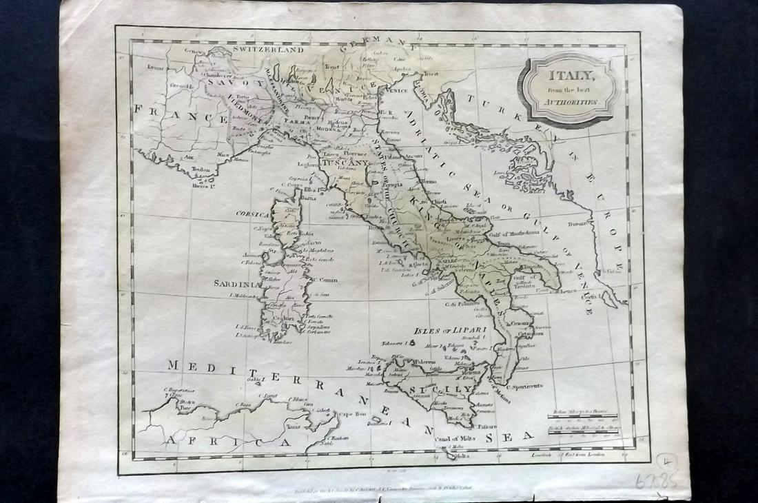 Barclay, James 1812 Hand Col Map. Italy: Hand Colored Copper Engraved Map Published 1812-13 by Brightly & Childs, Bungay for "A Complete and Universal Dictionary of the English Language..." by the Rev. James Barclay. Paper Size: 10.5 x 8 inc