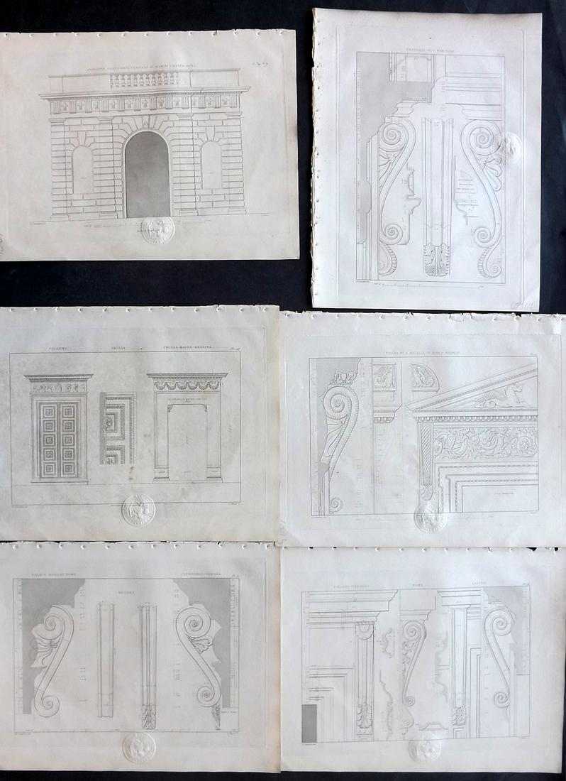 Donaldson, Thomas 1836 Lot of 6 Italian Architecture: Etchings Published 1836, London for "A Collection of the Most Approved Examples of Doorways" by Thomas Leverton Donaldson. Paper Size: 12 x 9 inch (30 x 23cm) Library blindstamp in margin, Very minor 