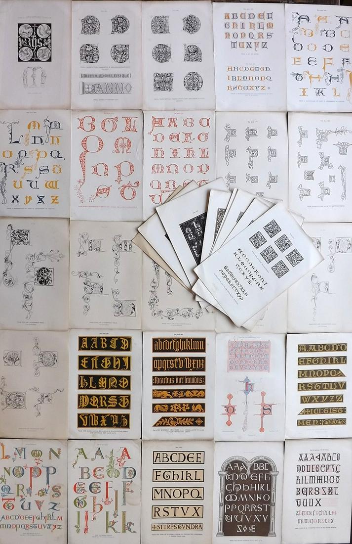 Quatrich (Pub) 1910 Lot of 40 Mediaeval Alphabet Prints: Chromolithographs Published C1910 by Bernard Quatrich, London for "Mediaeval Ornamental Alphabets & Numerals" Paper Size: 11.5 x 7.5 inch (29 x 19cm) Very minor margin toning in parts. Good Condition