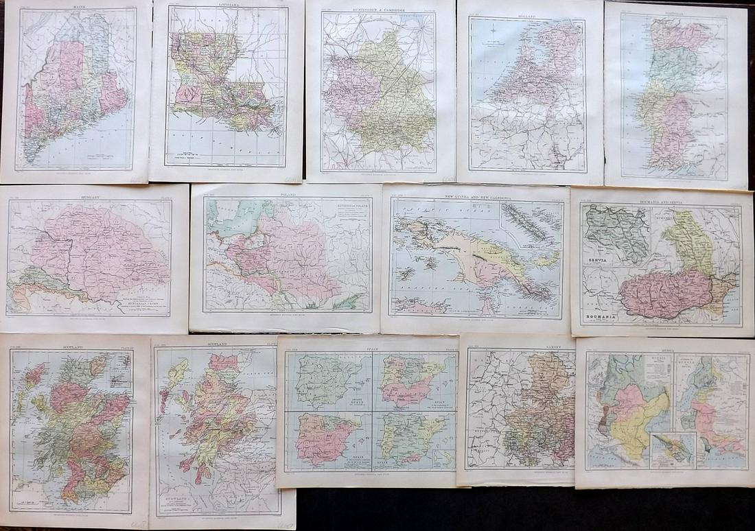 Encyclo. Britannica 1890's Mix Lot of 14 Maps: Incl Ancient Spain, Russia, Saxony, Scotland, Portugal, Serbia/Romania, Poland, New Guinea, New Holland, Huntingdon/Cambridge, Maine & Louisiana. Lithograph Map Published 1875-98, Edinburgh & London f