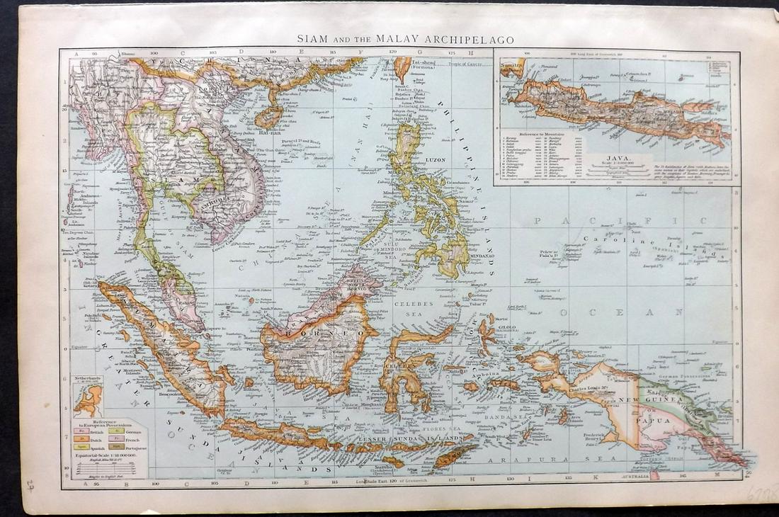 Times Atlas 1895 Map. Siam and Malaysia: Lithograph Map Published 1895, London for "The Times Atlas" Paper Size: 16 x 10 inch (41 x 26cm) Good Condition