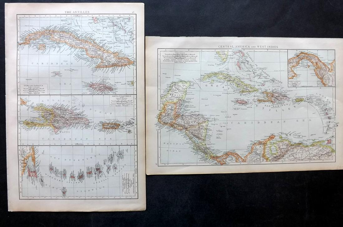 Times Atlas 1895 Pair of Maps. West Indies Caribbean: Lithograph Map Published 1895, London for "The Times Atlas" Paper Size: 16 x 10 inch (41 x 26cm) Good Condition