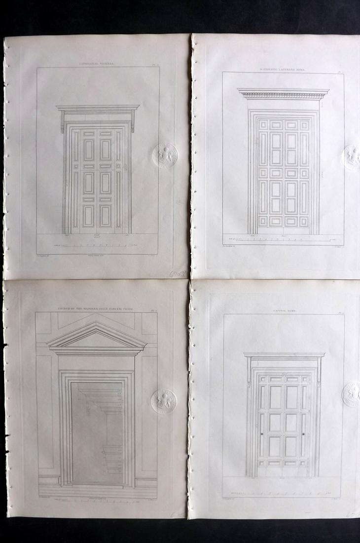 Donaldson, Thomas 1836 Lot of 4 Italian Architecture: Etchings Published 1836, London for "A Collection of the Most Approved Examples of Doorways" by Thomas Leverton Donaldson. Paper Size: 12 x 9 inch (30 x 23cm) Library blindstamp in margin, otherwise f