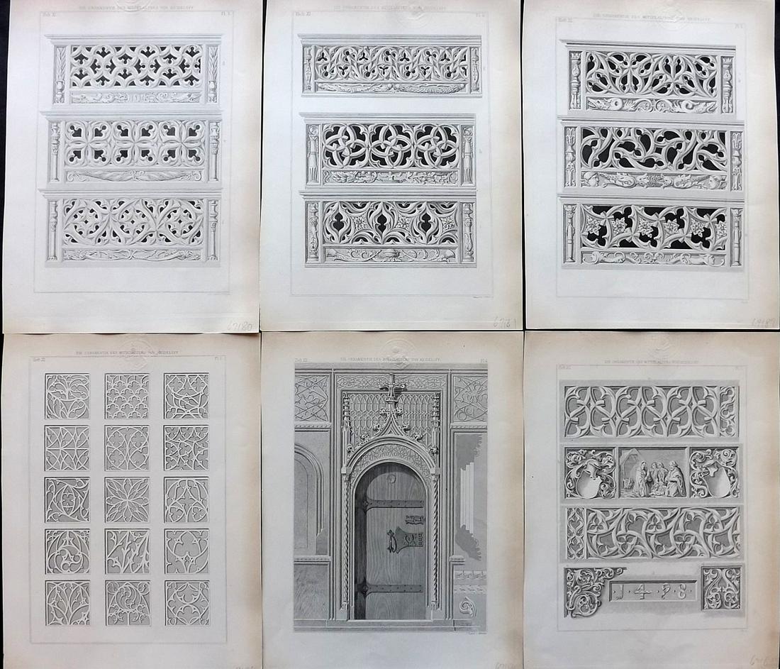 Heideloff, Carl C1895 Lot of 6 Architectural Prints: Steel Engravings Published 1838-55, Nuremberg for "Carl Heideloff's Ornamentik des Mittelalters" by Carl Heideloff. Paper Size: 11 x 8 inch (28 x 21cm) All with library discrete blindstamp in margin. 
