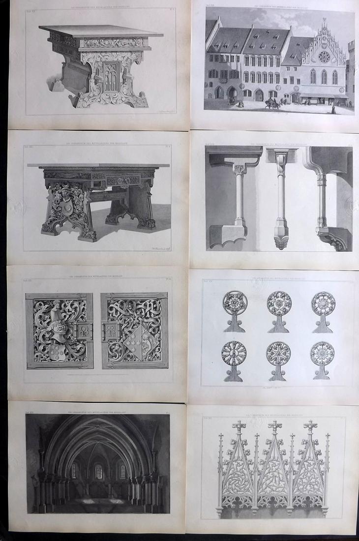 Heideloff, Carl C1895 Lot of 8 Architectural Prints: Steel Engravings Published 1838-55, Nuremberg for "Carl Heideloff's Ornamentik des Mittelalters" by Carl Heideloff. Paper Size: 11 x 8 inch (28 x 21cm) All with library discrete blindstamp in margin. 
